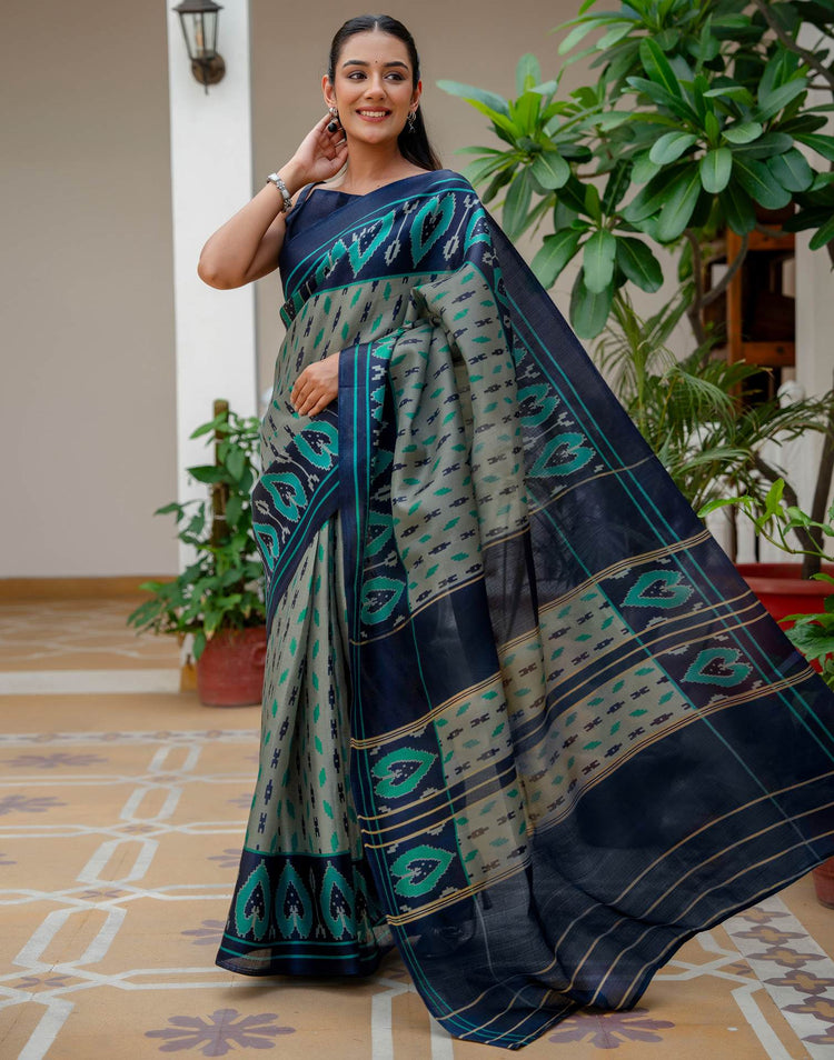 Navy Blue Khadi Ikkat Printed Saree