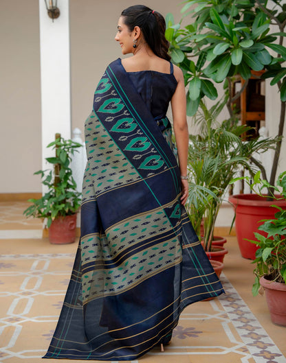 Navy Blue Khadi Ikkat Printed Saree