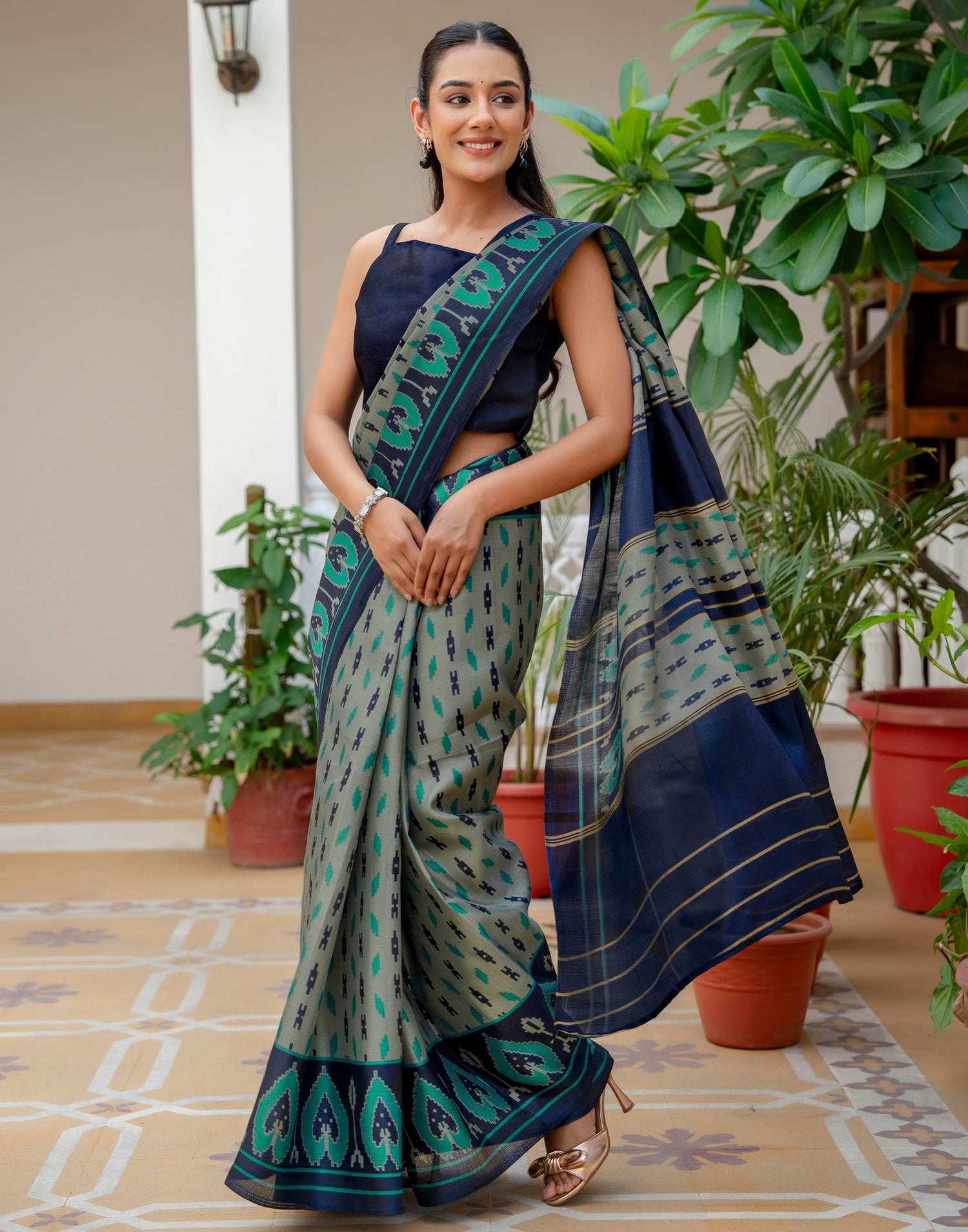 Navy Blue Khadi Ikkat Printed Saree