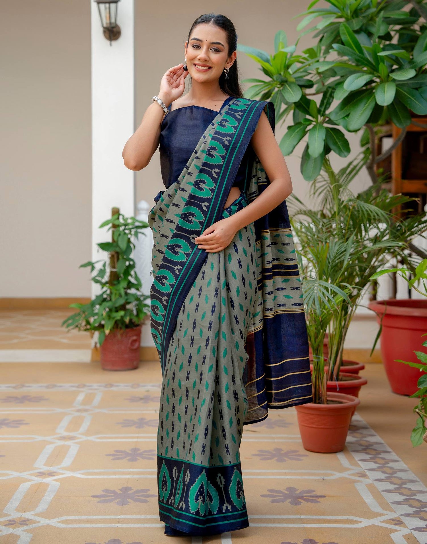 Navy Blue Khadi Ikkat Printed Saree