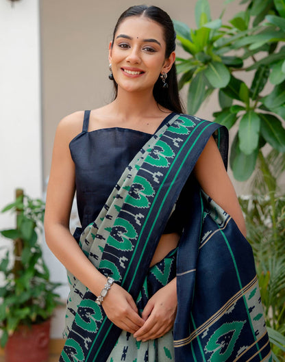 Navy Blue Khadi Ikkat Printed Saree
