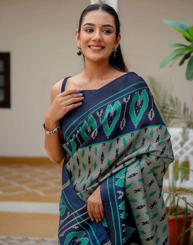 Navy Blue Khadi Ikkat Printed Saree