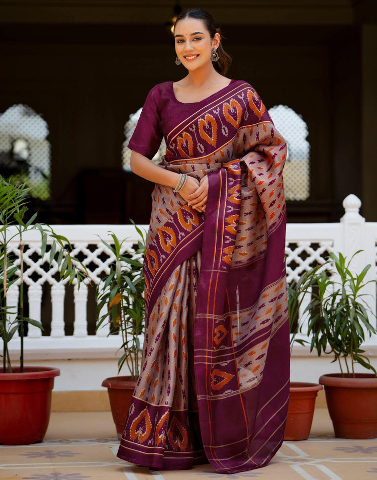 Purple Khadi Ikkat Printed Saree