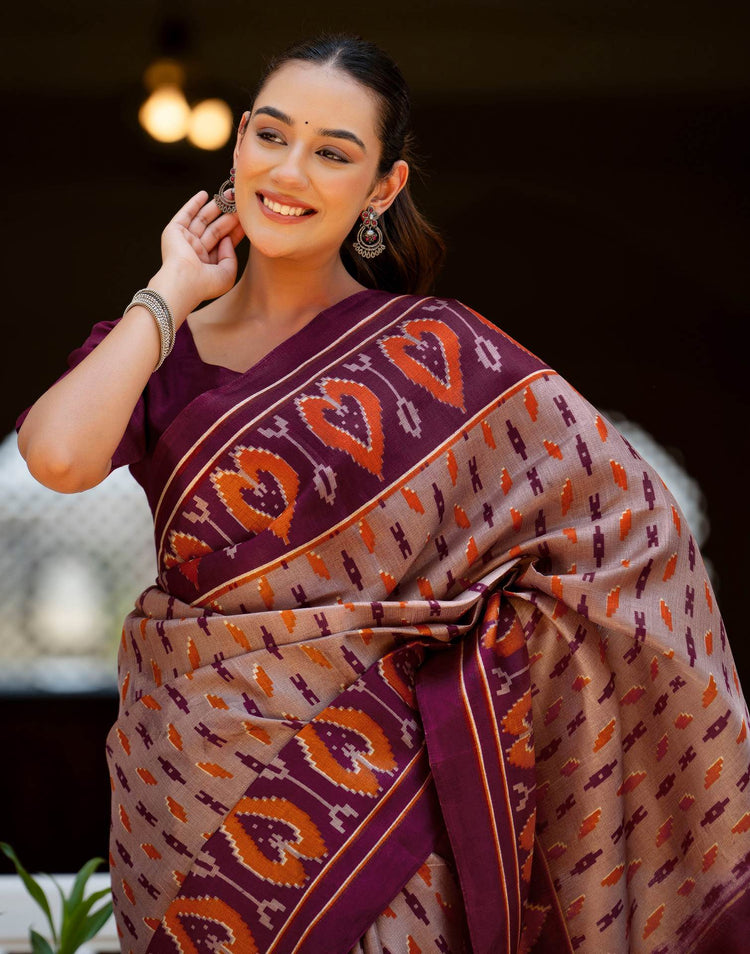 Purple Khadi Ikkat Printed Saree
