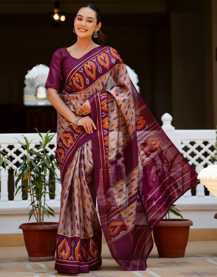 Purple Khadi Ikkat Printed Saree