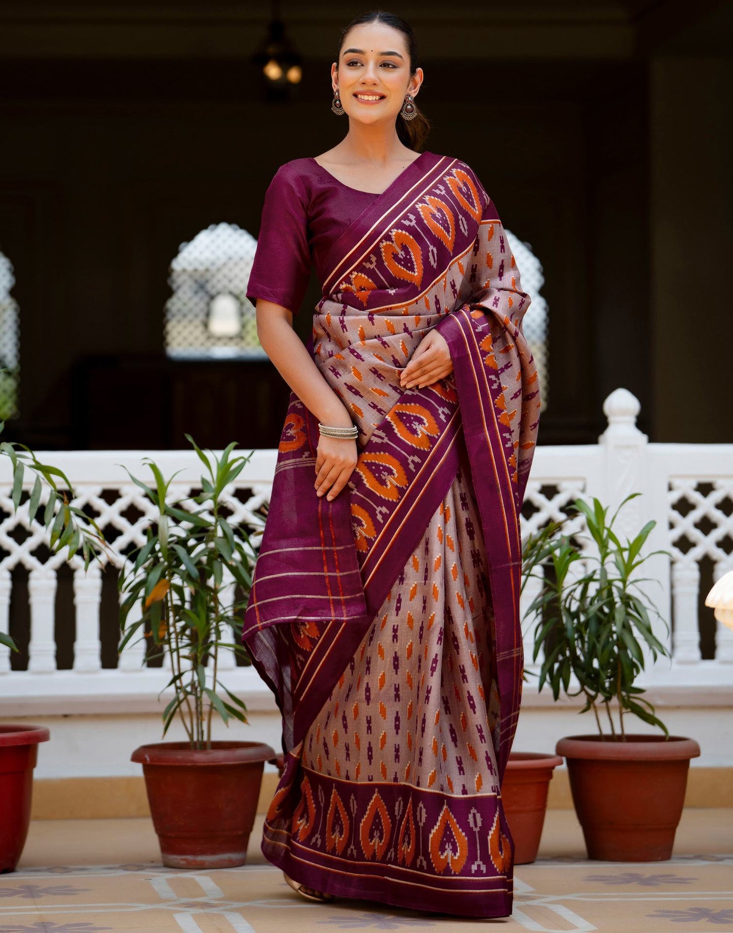 Purple Khadi Ikkat Printed Saree