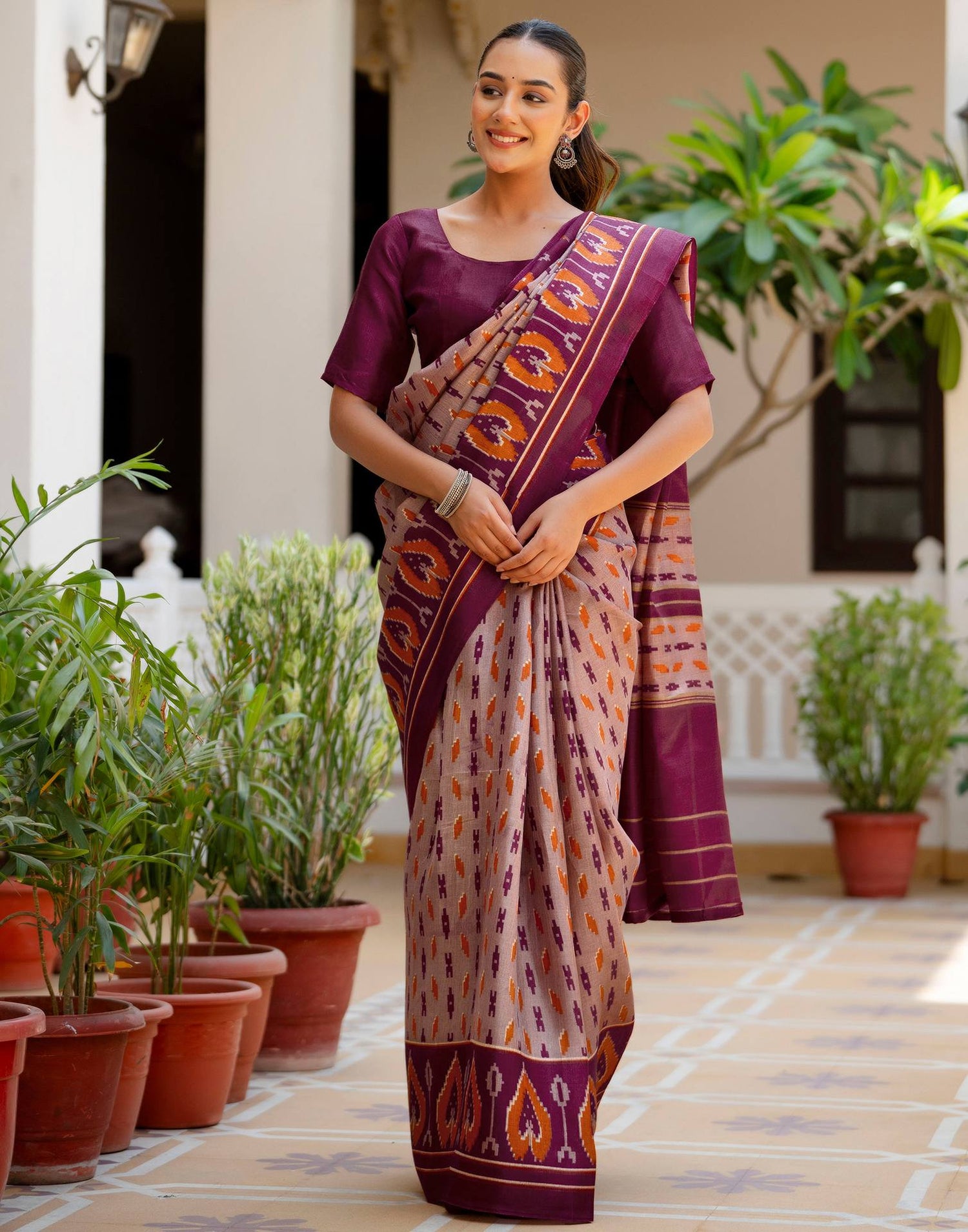 Purple Khadi Ikkat Printed Saree