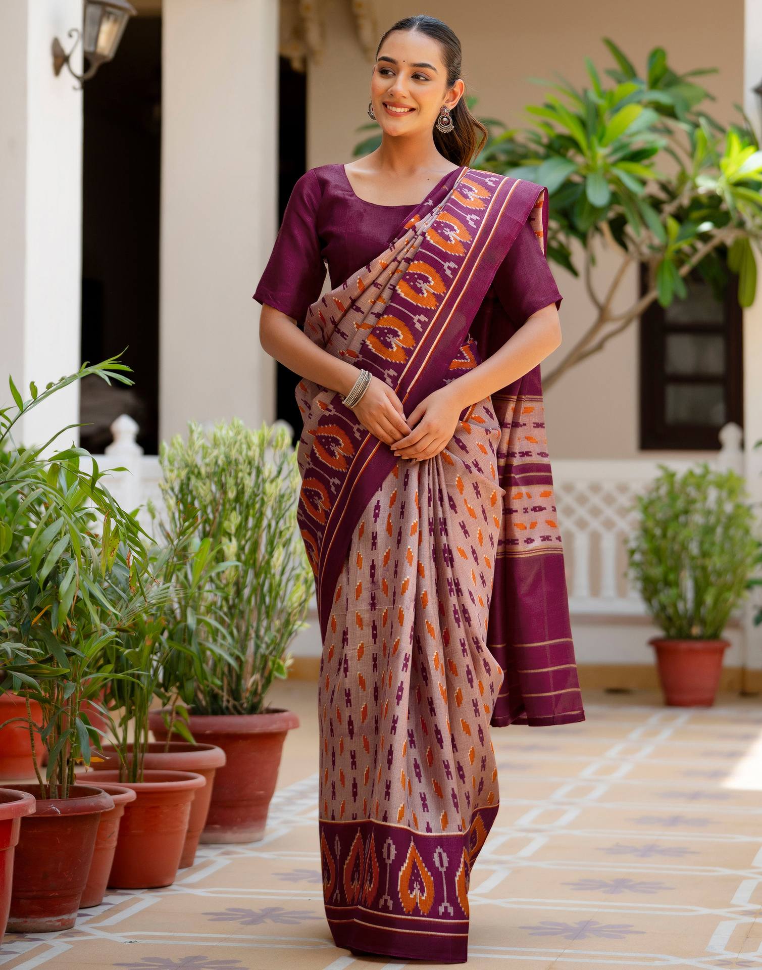 Purple Khadi Ikkat Printed Saree