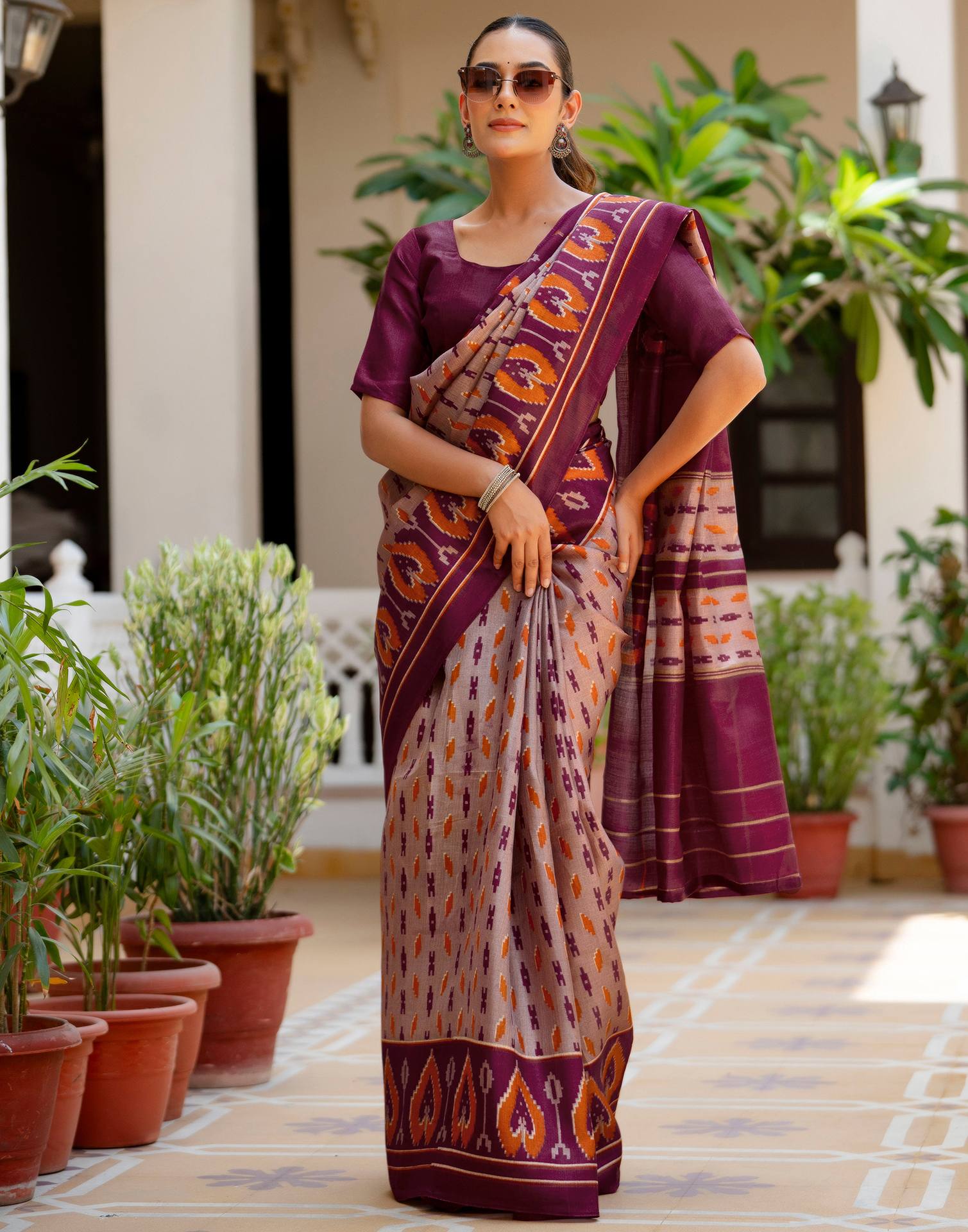 Purple Khadi Ikkat Printed Saree