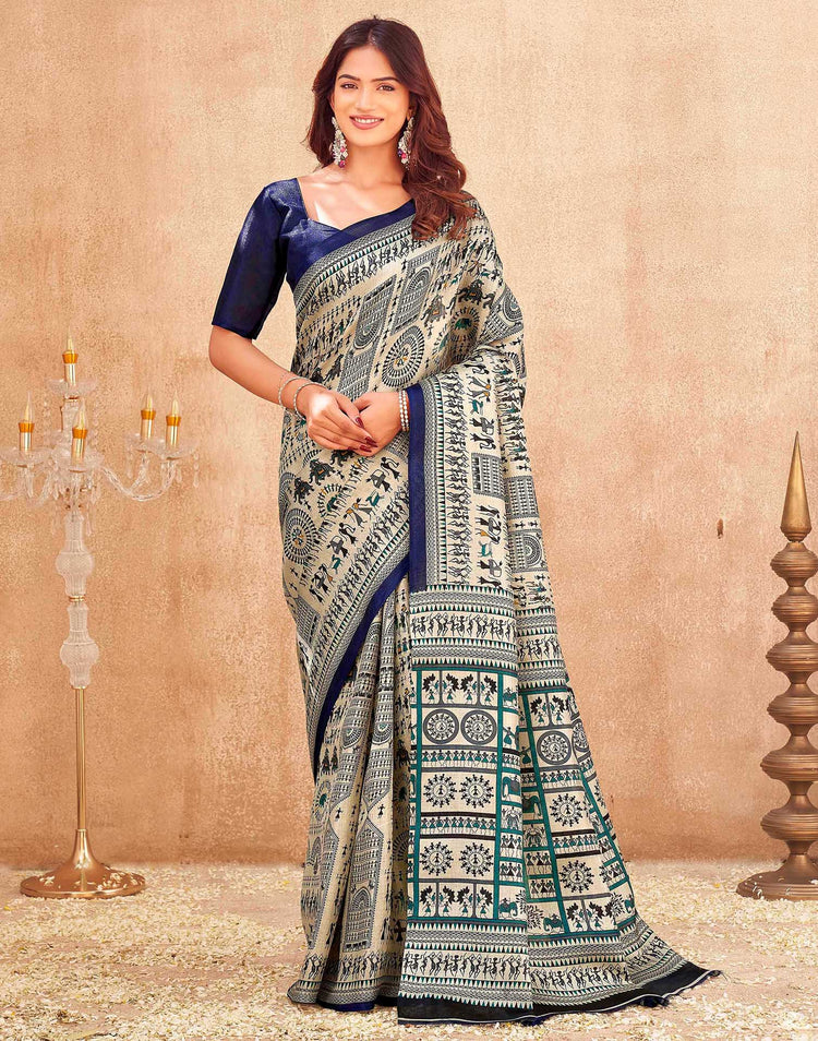 Blue Khadi Warli Printed Saree