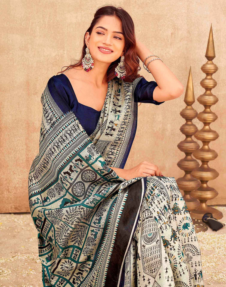 Blue Khadi Warli Printed Saree