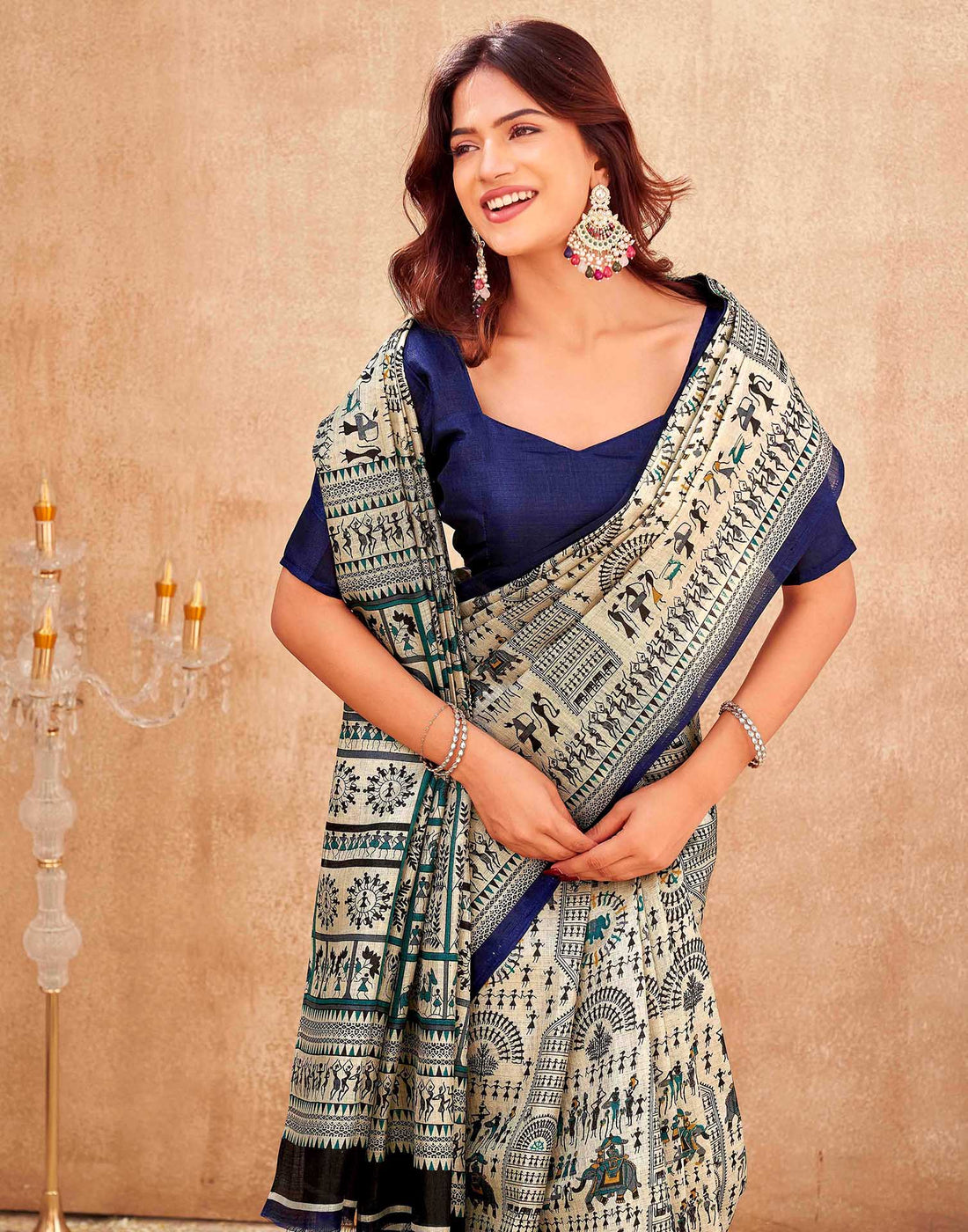 Blue Khadi Warli Printed Saree