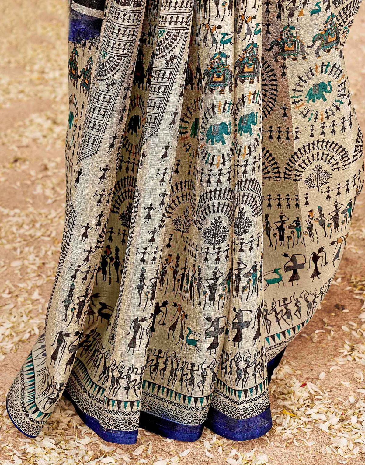Blue Khadi Warli Printed Saree