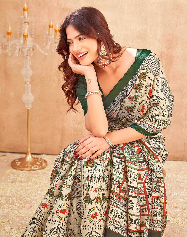Green Khadi Warli Printed Saree