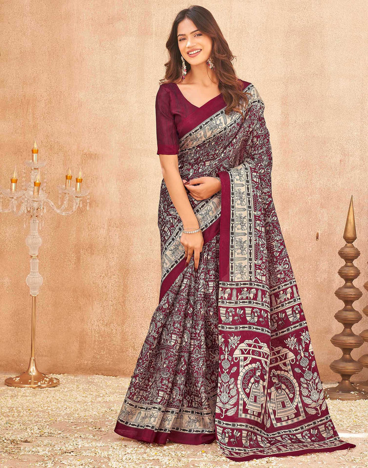 Maroon Khadi Printed Kalamkari Saree