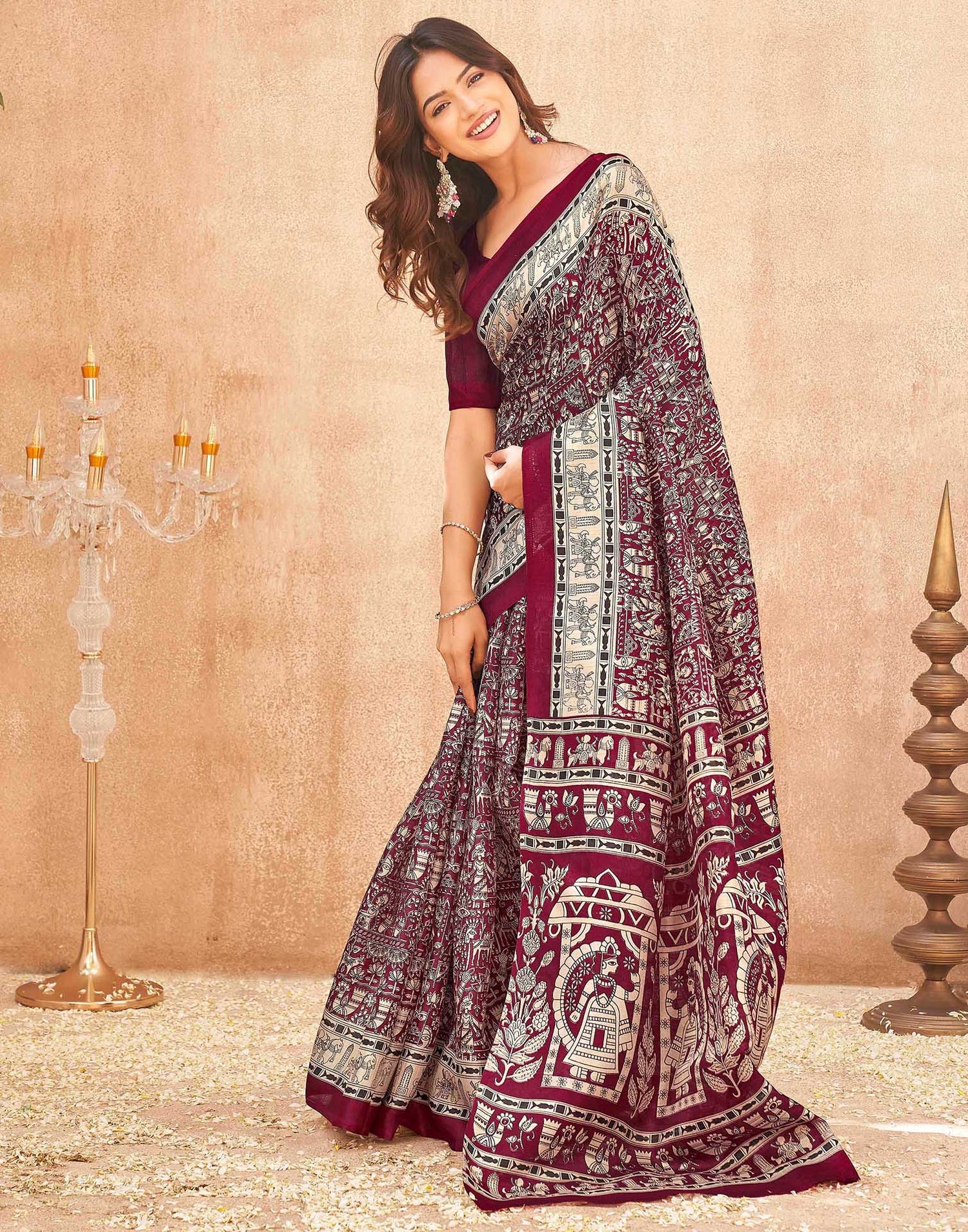 Maroon Khadi Printed Kalamkari Saree