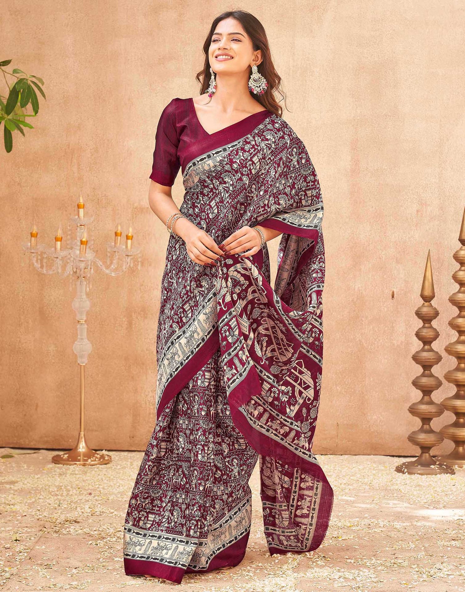 Maroon Khadi Printed Kalamkari Saree