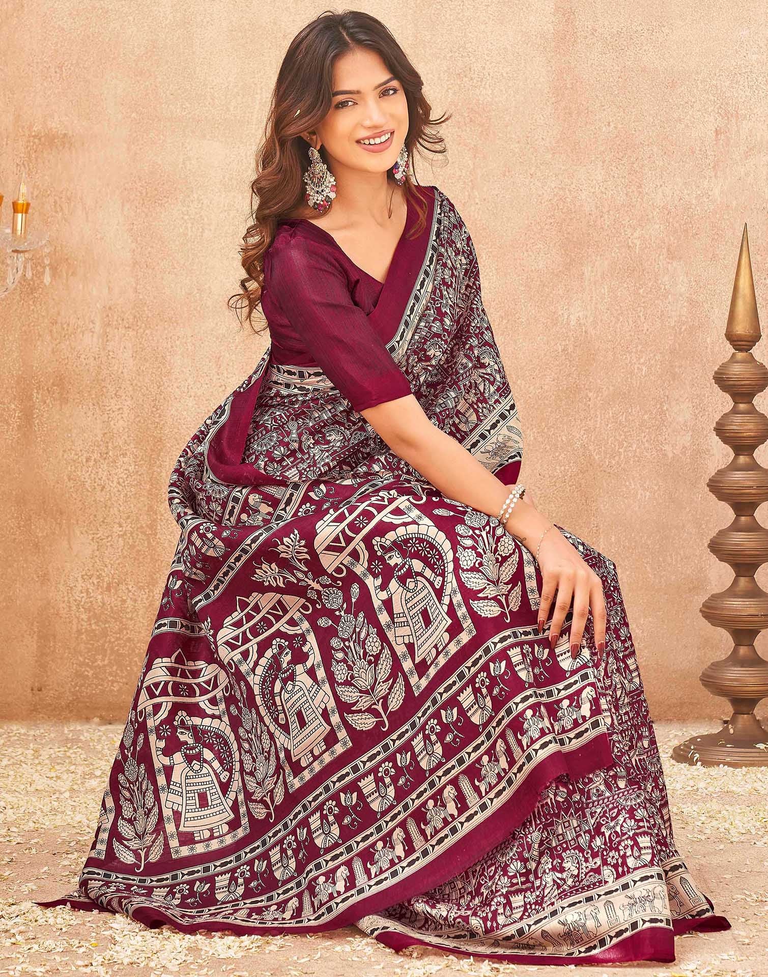 Maroon Khadi Printed Kalamkari Saree