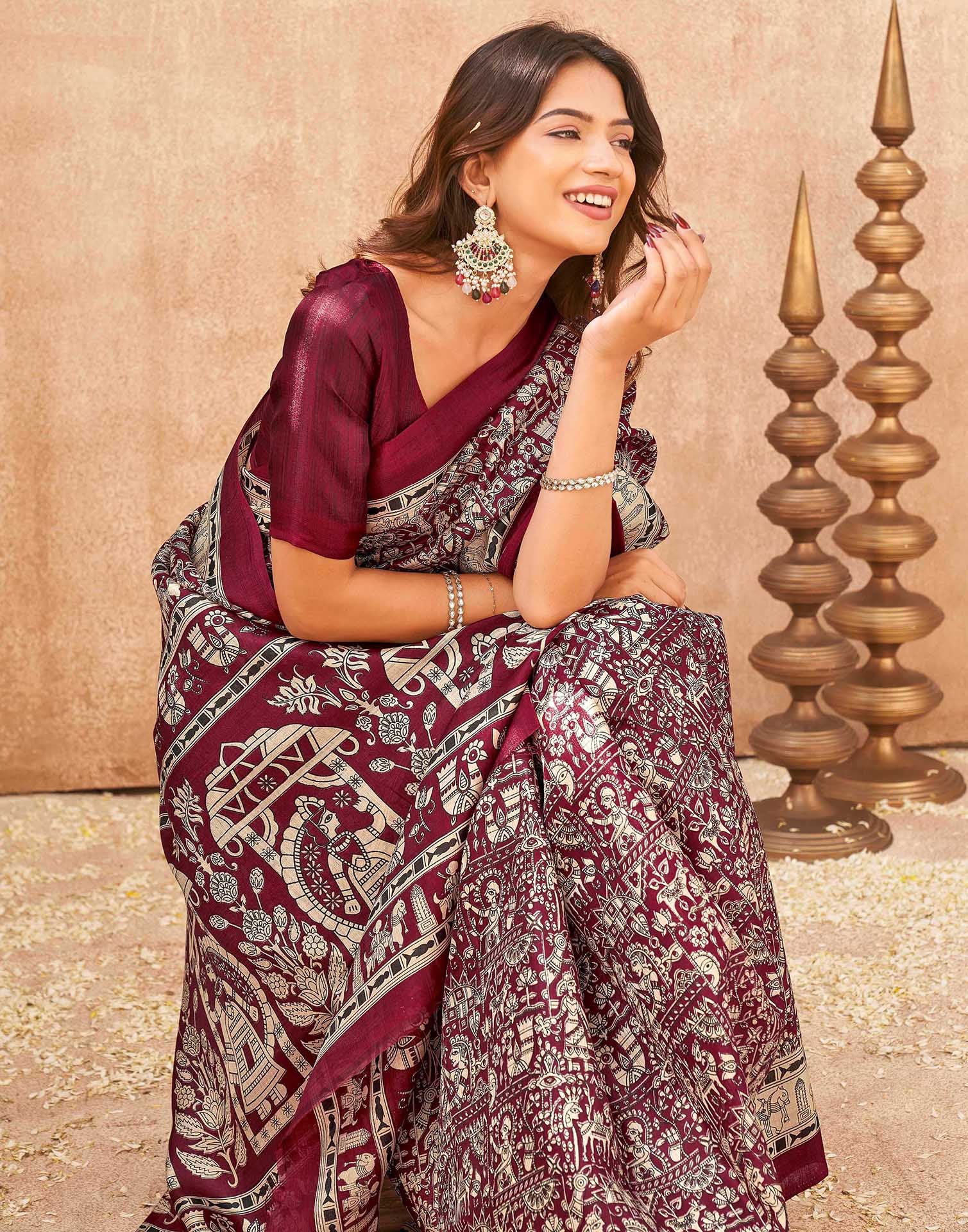 Maroon Khadi Printed Kalamkari Saree