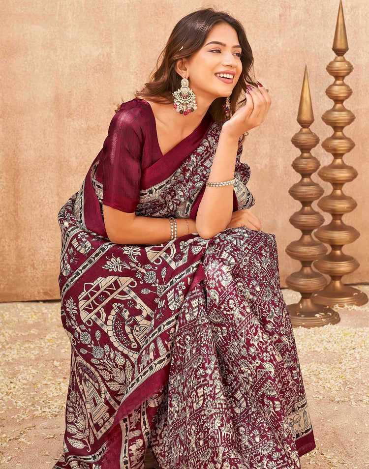 Maroon Khadi Printed Kalamkari Saree