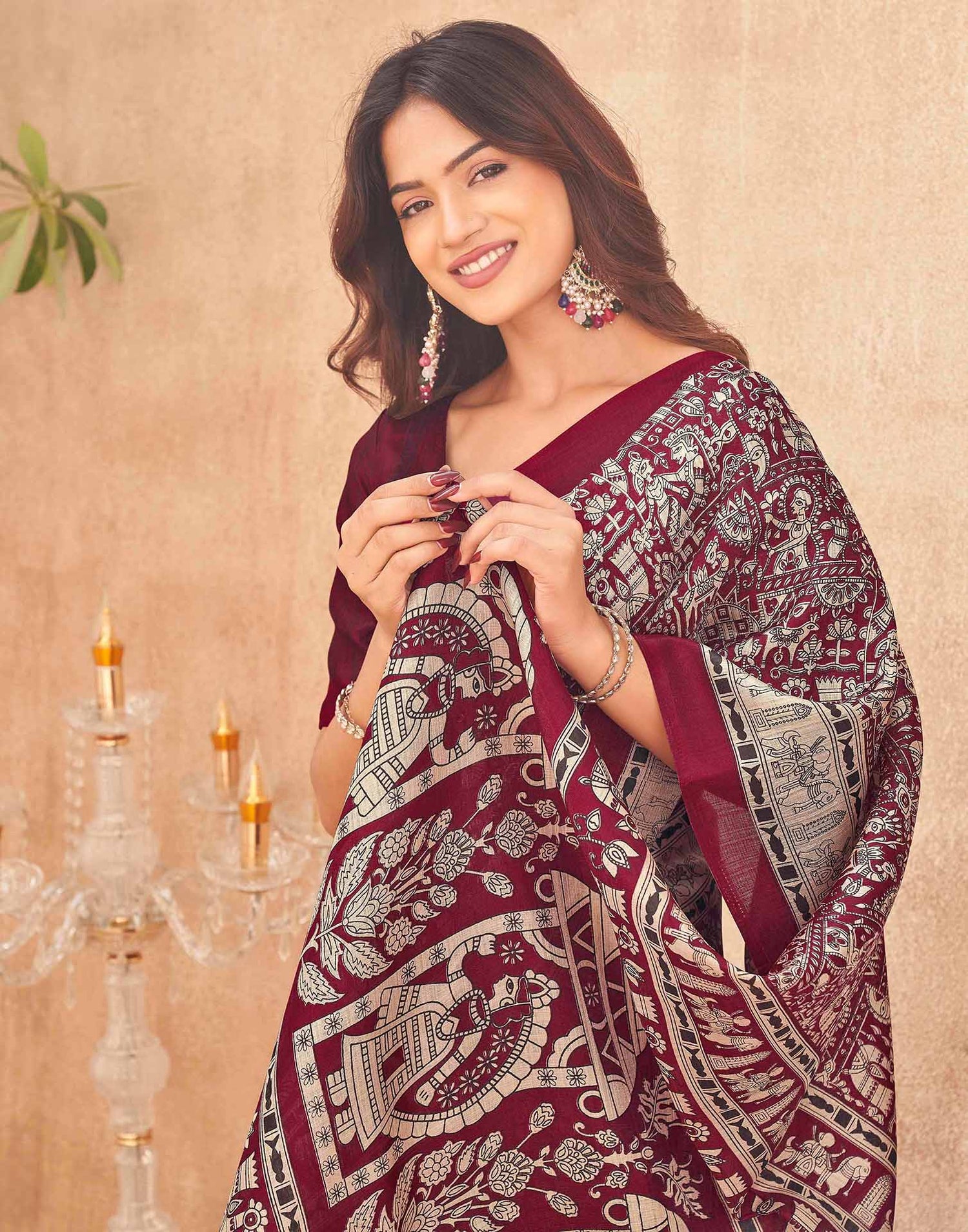 Maroon Khadi Printed Kalamkari Saree