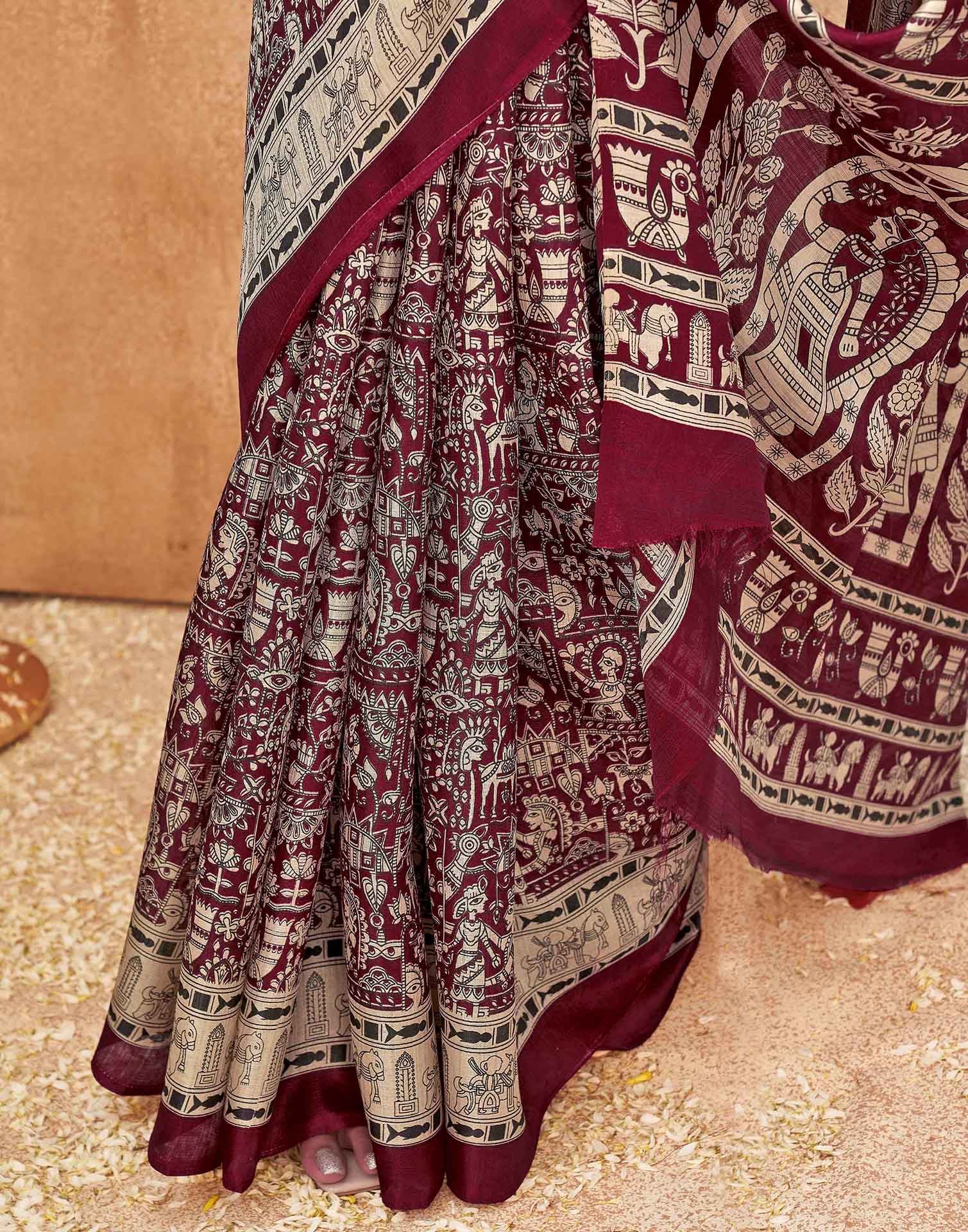 Maroon Khadi Printed Kalamkari Saree