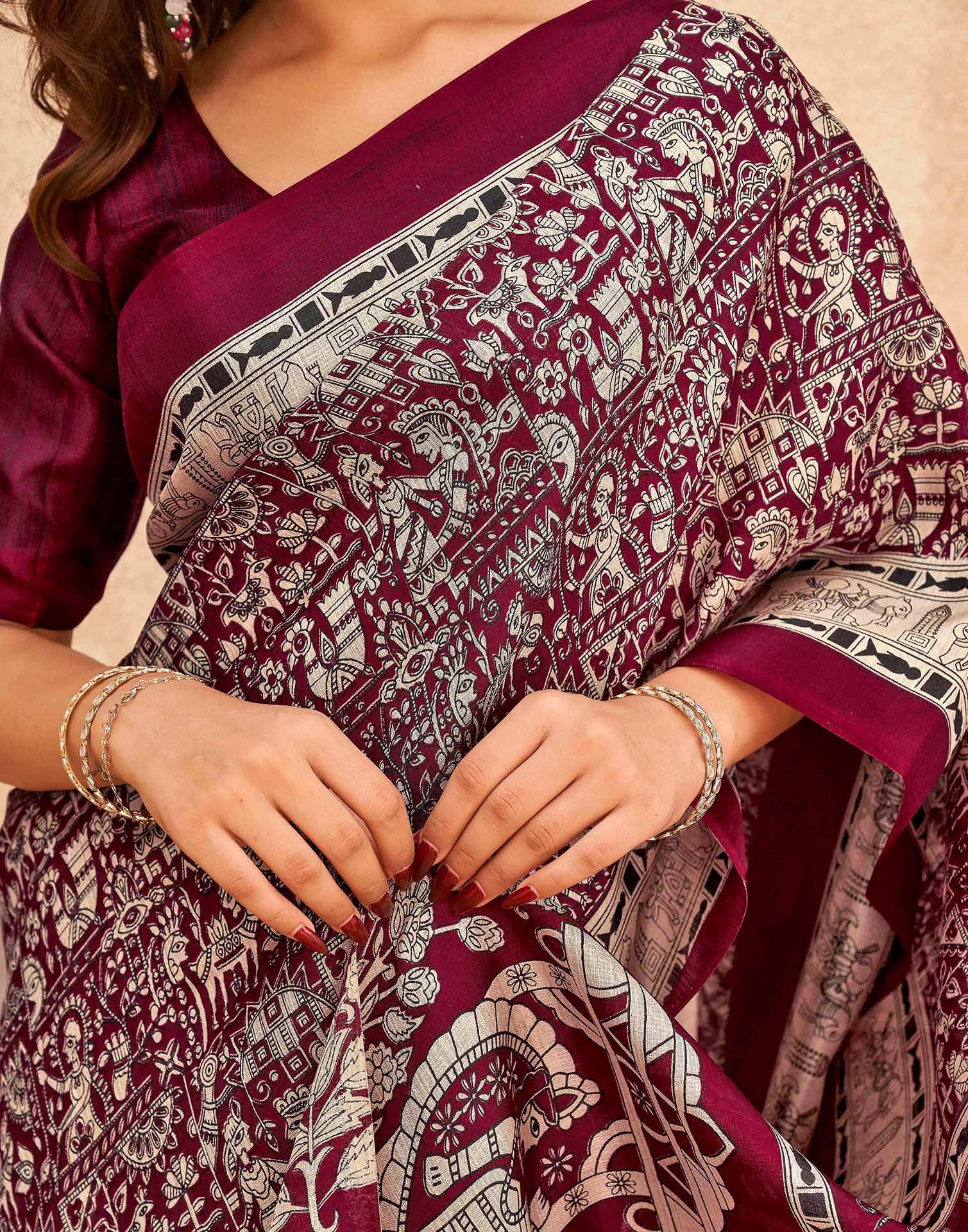 Maroon Khadi Printed Kalamkari Saree