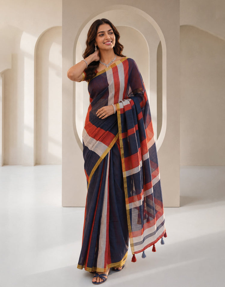 Navy Blue Linen Printed Zari Border Saree