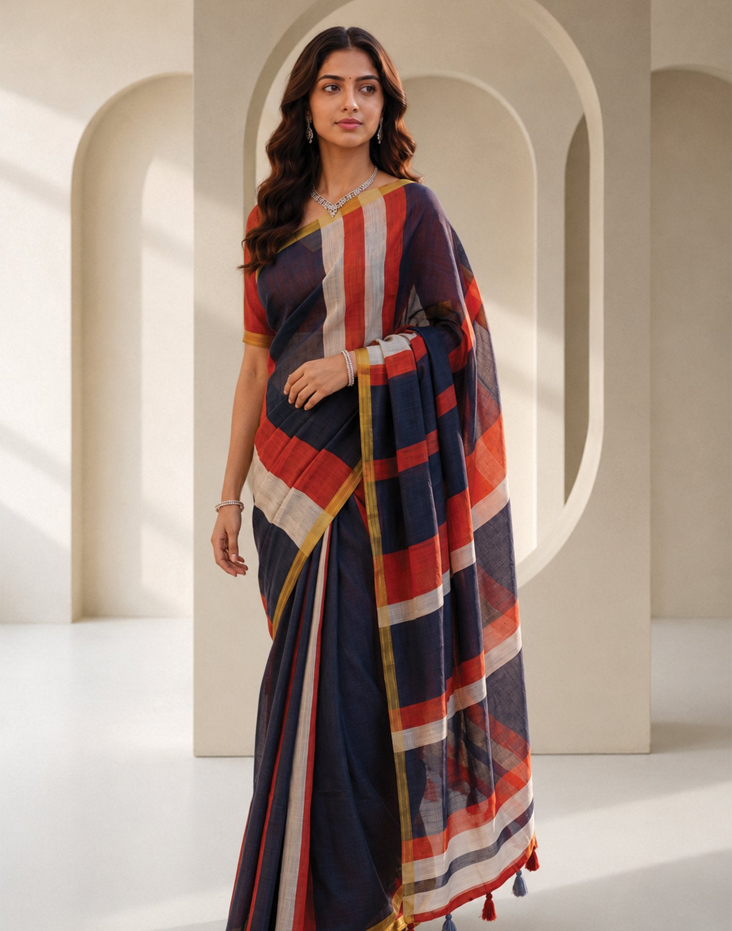 Navy Blue Linen Printed Zari Border Saree