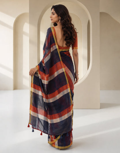 Navy Blue Linen Printed Zari Border Saree