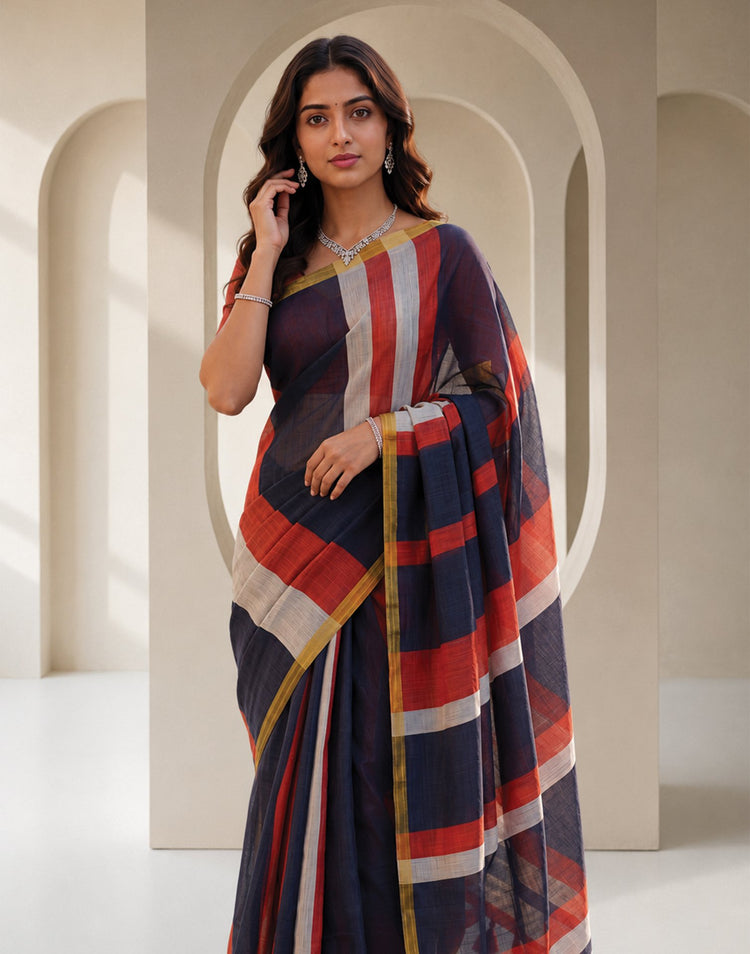 Navy Blue Linen Printed Zari Border Saree
