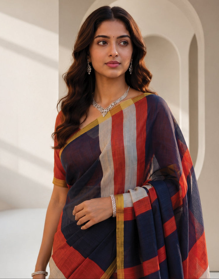 Navy Blue Linen Printed Zari Border Saree
