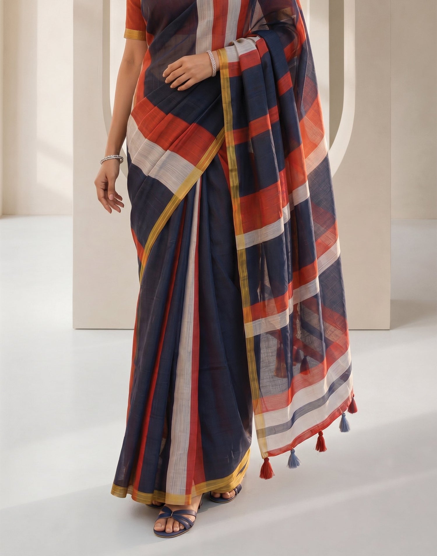 Navy Blue Linen Printed Zari Border Saree