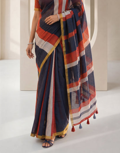 Navy Blue Linen Printed Zari Border Saree