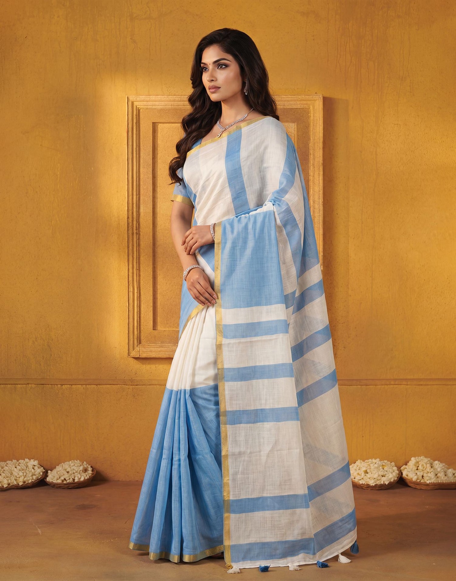 Light Blue Linen Printed Zari Border Saree
