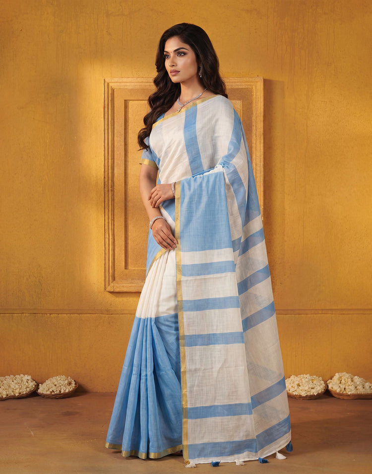 Light Blue Linen Printed Zari Border Saree