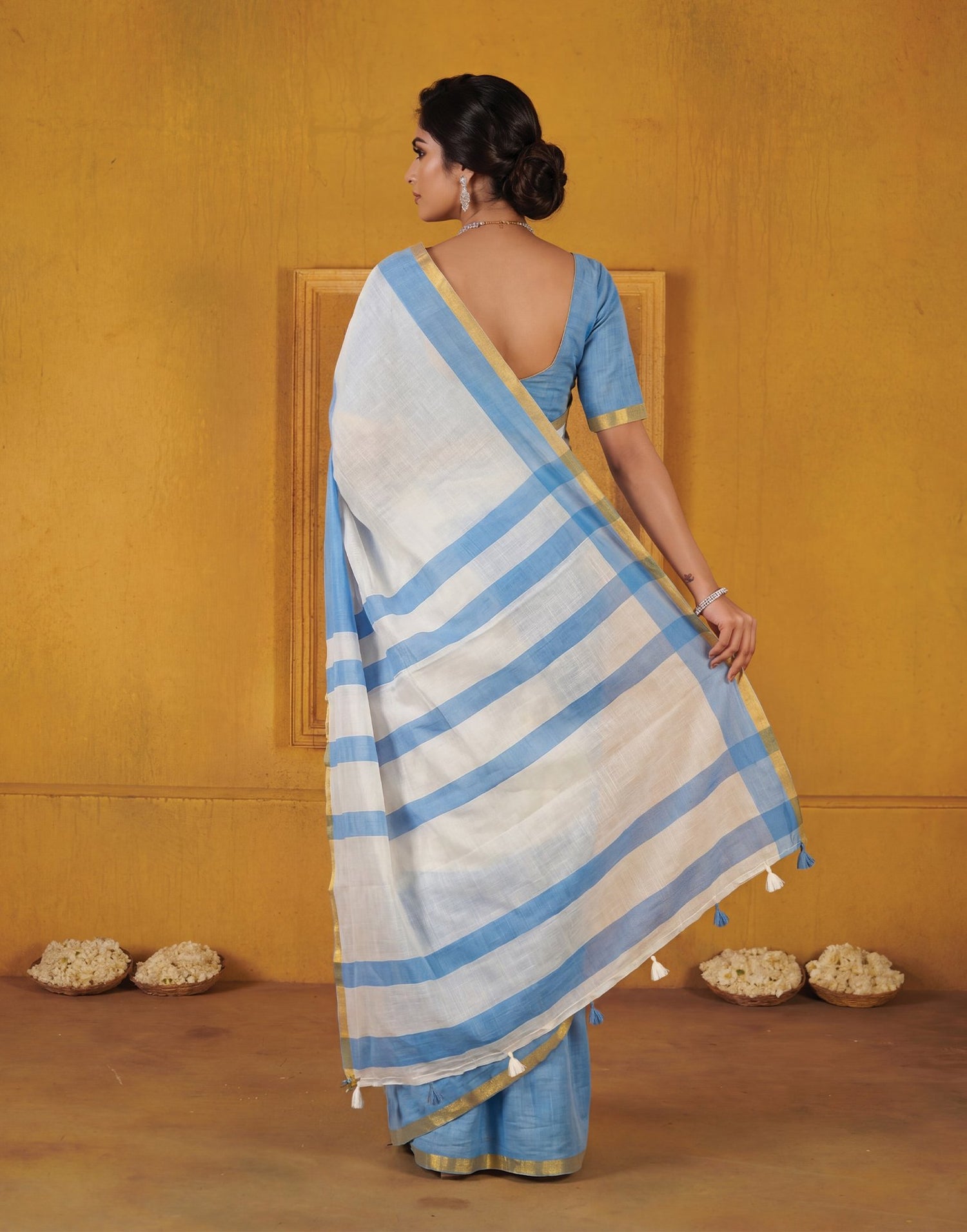 Light Blue Linen Printed Zari Border Saree