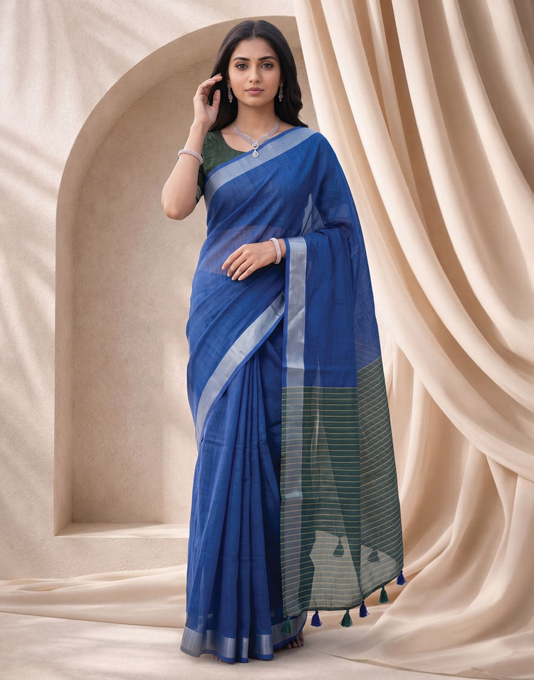 Blue Linen Printed Zari Border Saree