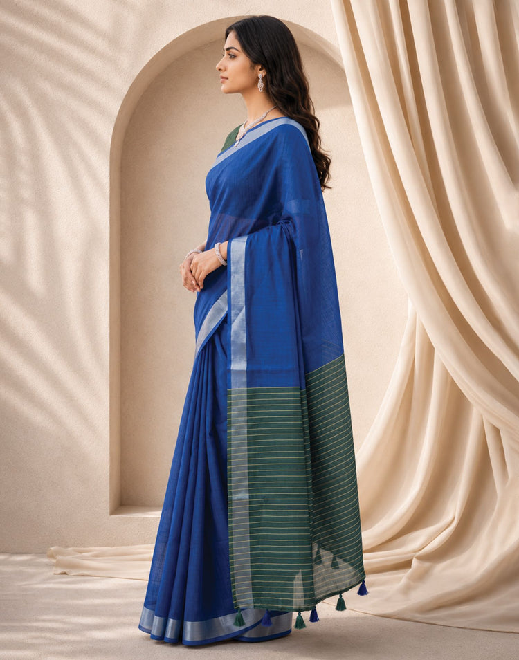 Blue Linen Printed Zari Border Saree