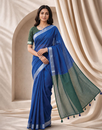 Blue Linen Printed Zari Border Saree