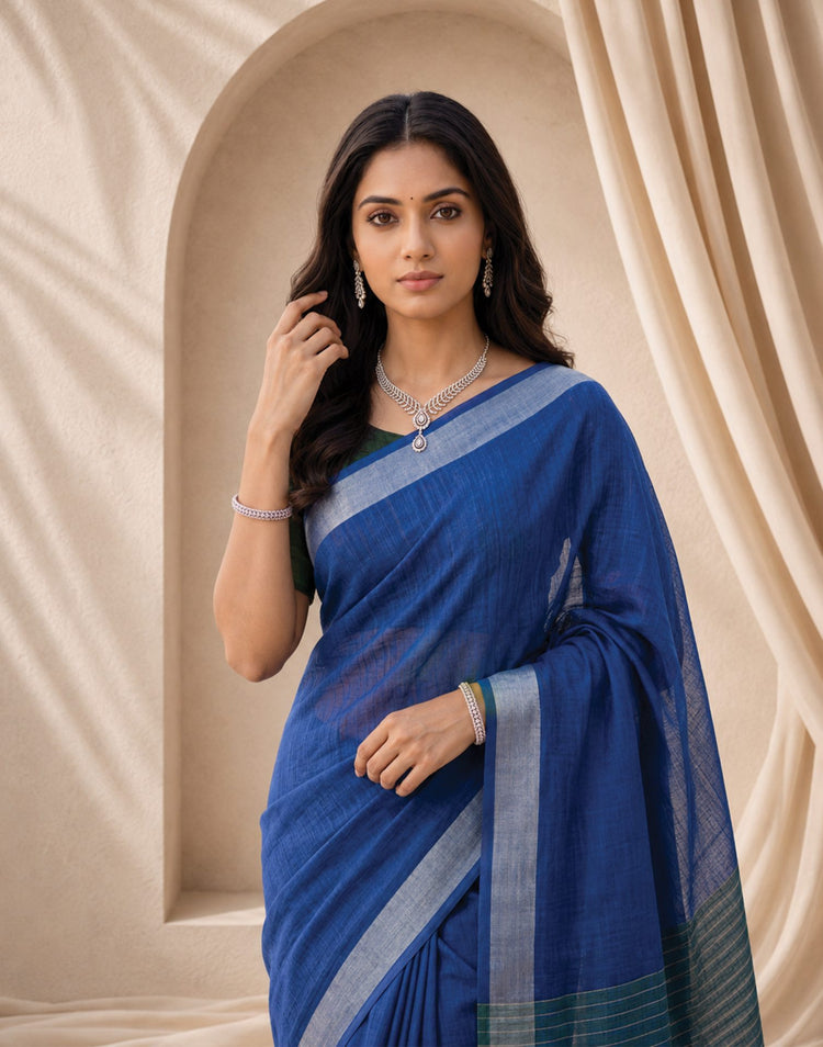 Blue Linen Printed Zari Border Saree