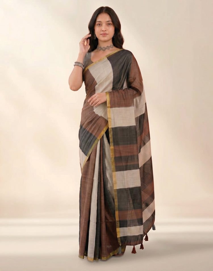 Black Linen Printed Zari Border Saree