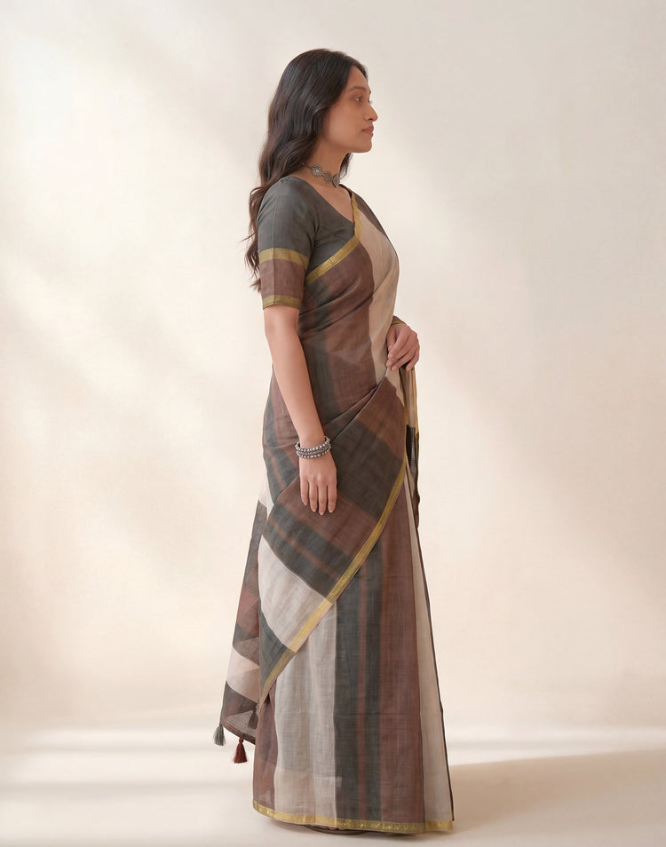 Black Linen Printed Zari Border Saree
