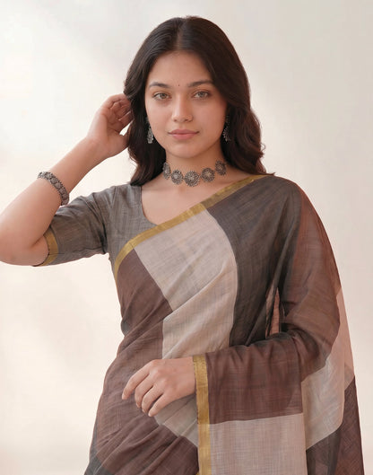 Black Linen Printed Zari Border Saree