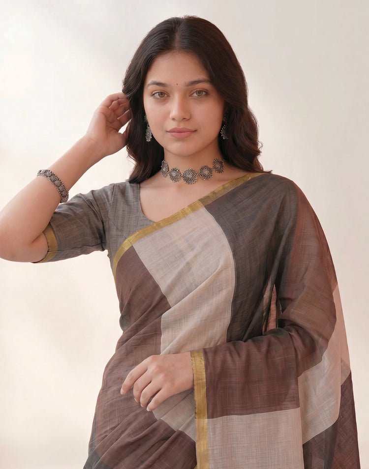 Black Linen Printed Zari Border Saree