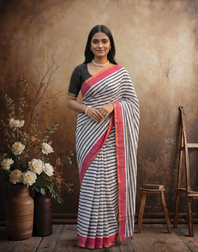 White Linen Printed Zari Border Saree