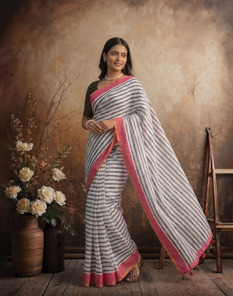 White Linen Printed Zari Border Saree