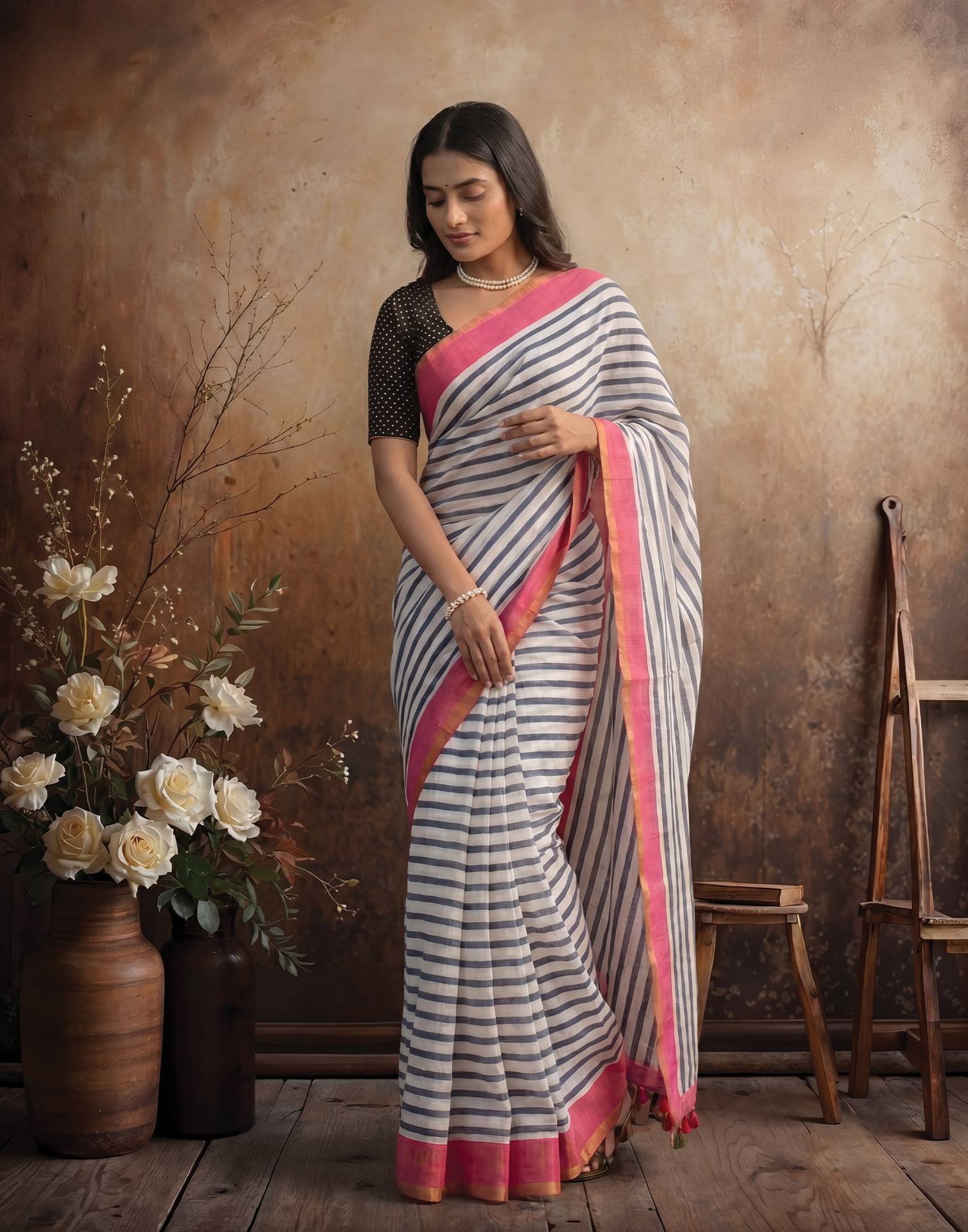 White Linen Printed Zari Border Saree