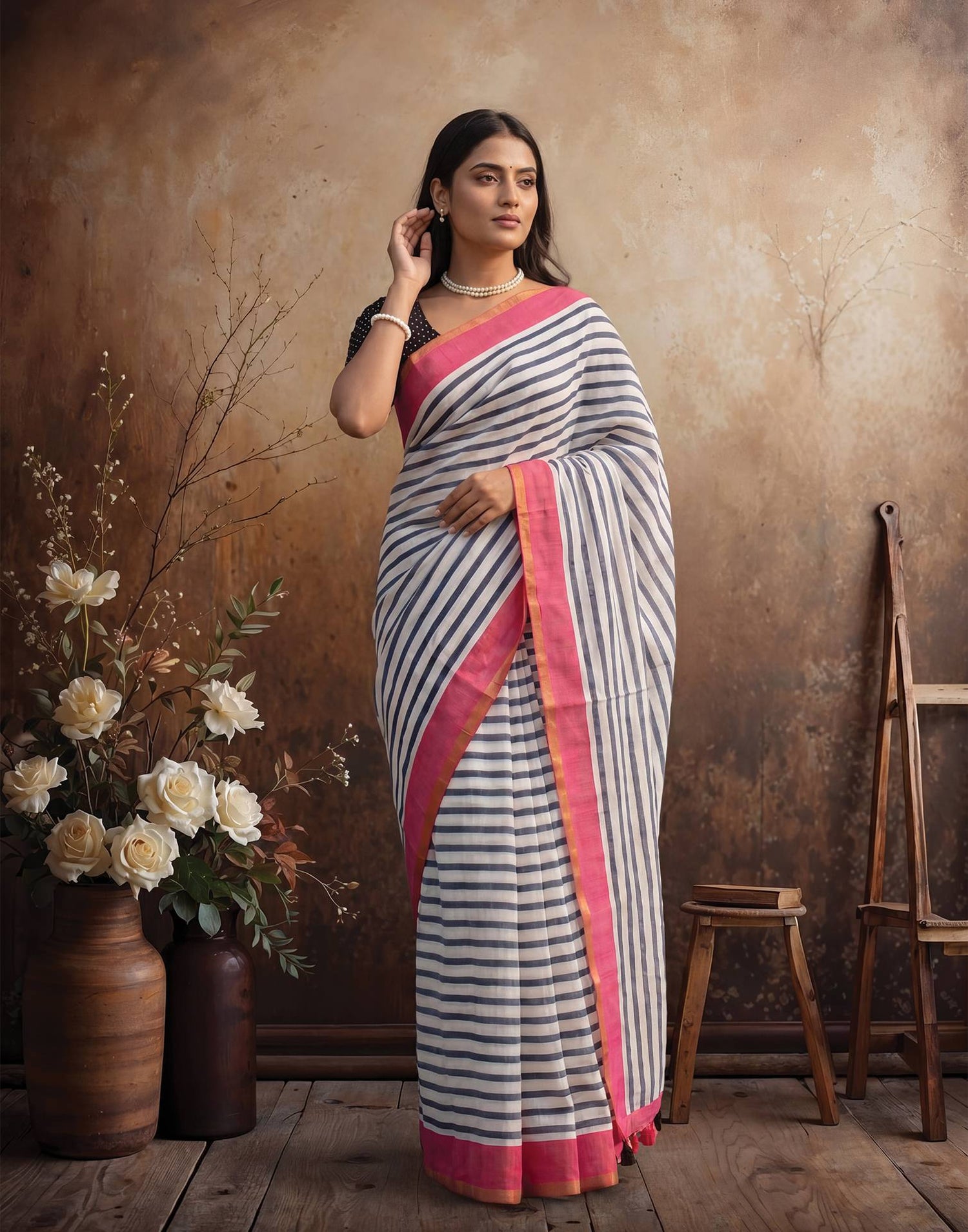 White Linen Printed Zari Border Saree