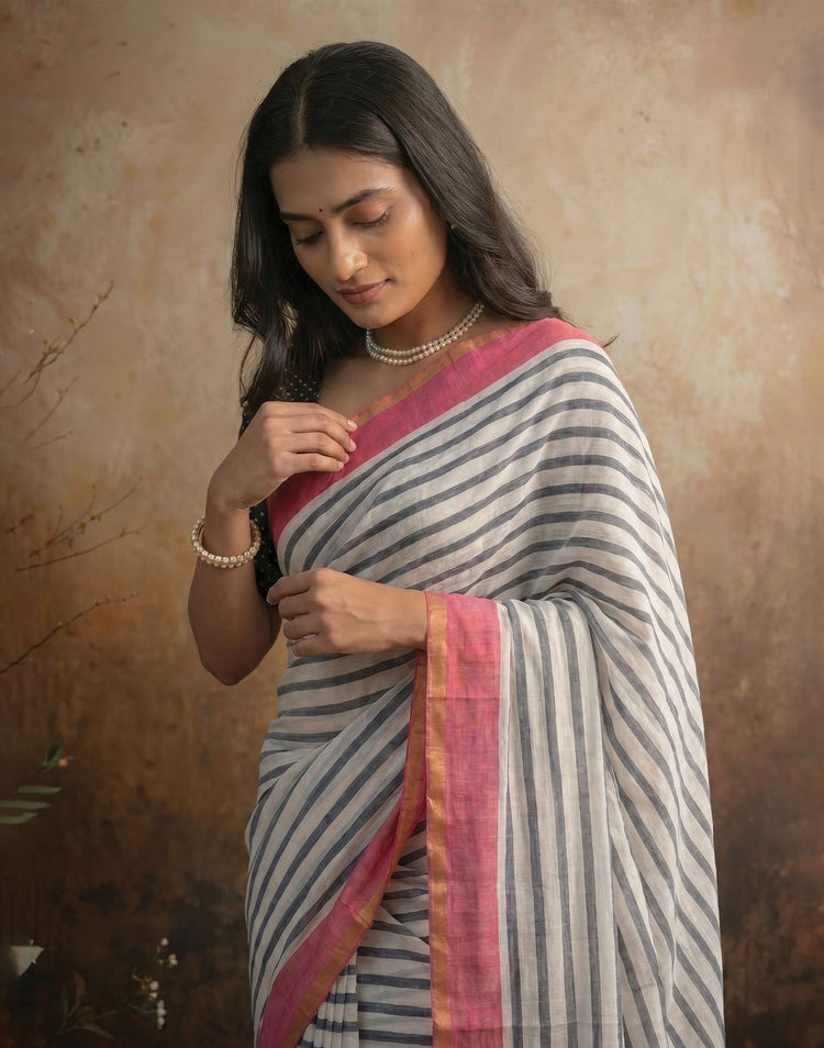 White Linen Printed Zari Border Saree